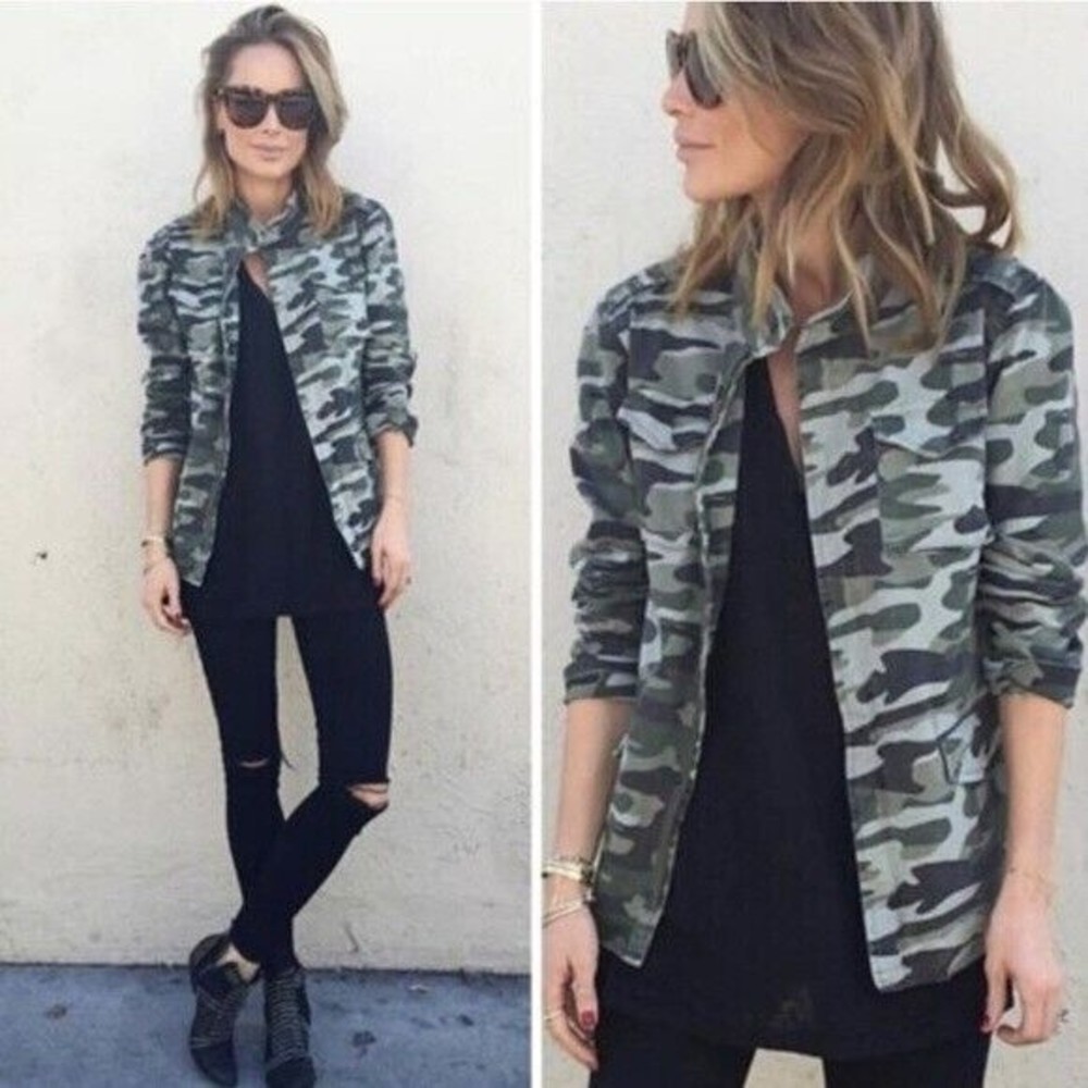 Anine Bing Camo Army Jacket Full Zip Front Snap Pockets Green High Collar Small